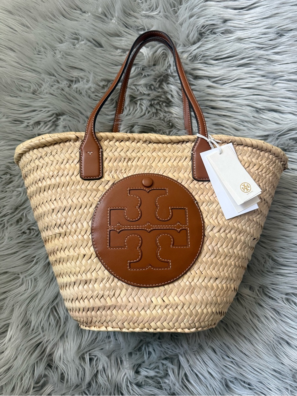 TORY BURCH Ella Straw Basket Tote in Color Natural / Classic Cuoio NWT - Picture 4 of 16
